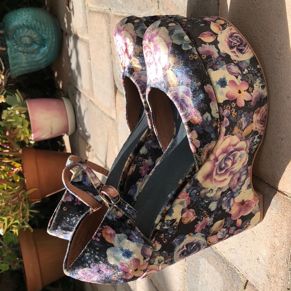 Jeffrey Campbell floral velvet chunky wedge heel